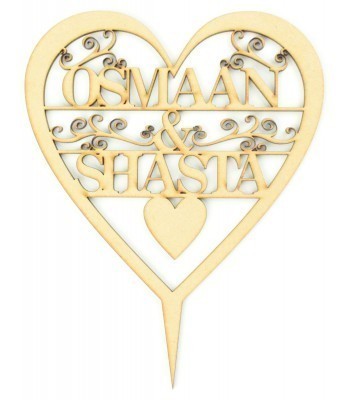 Laser Cut Personalised Heart Cake Topper with swirl detail - 2 Names